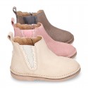 SHINY Suede leather kids ankle boot shoes with waves and zipper closure.