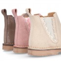 SHINY Suede leather kids ankle boot shoes with waves and zipper closure.