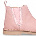 SHINY Suede leather kids ankle boot shoes with waves and zipper closure.