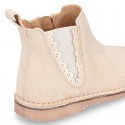 SHINY Suede leather kids ankle boot shoes with waves and zipper closure.