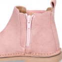 SHINY Suede leather kids ankle boot shoes with waves and zipper closure.