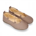 Autumn Winter Serratex Canvas Ballet flats with crossed elastic bands.