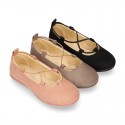 Autumn Winter Serratex Canvas Ballet flats with crossed elastic bands.