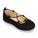 Autumn Winter Serratex Canvas Ballet flats with crossed elastic bands.