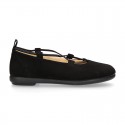 Autumn Winter Serratex Canvas Ballet flats with crossed elastic bands.