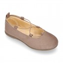 Autumn Winter Serratex Canvas Ballet flats with crossed elastic bands.