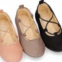 Autumn Winter Serratex Canvas Ballet flats with crossed elastic bands.