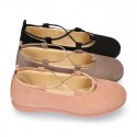 Autumn Winter Serratex Canvas Ballet flats with crossed elastic bands.