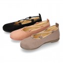 Autumn Winter Serratex Canvas Ballet flats with crossed elastic bands.