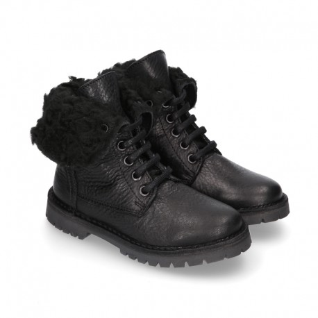 BIKER style Nappa leather kids boots with ties closure.