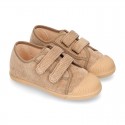 CORDUROY canvas kids tennis shoes with hook and loop closure and toe cap.