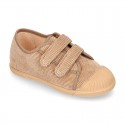 CORDUROY canvas kids tennis shoes with hook and loop closure and toe cap.