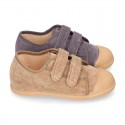 CORDUROY canvas kids tennis shoes with hook and loop closure and toe cap.