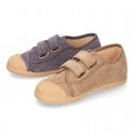 CORDUROY canvas kids tennis shoes with hook and loop closure and toe cap.