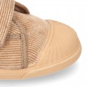 CORDUROY canvas kids tennis shoes with hook and loop closure and toe cap.