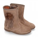 Classic kids suede leather boots with FAKE HAIR POMPONS design.