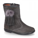 Classic kids suede leather boots with FAKE HAIR POMPONS design.