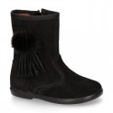 Classic kids suede leather boots with FAKE HAIR POMPONS design.