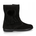 Classic kids suede leather boots with FAKE HAIR POMPONS design.