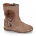 Classic kids suede leather boots with FAKE HAIR POMPONS design.