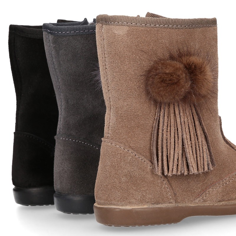 Brown Faux Suede Fur Booties Toddler Kids Girls Winter Boots Shoes Pom Poms  5