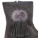 Classic kids suede leather boots with FAKE HAIR POMPONS design.