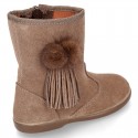 Classic kids suede leather boots with FAKE HAIR POMPONS design.