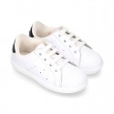 Washable Nappa leather OKAA kids tennis shoes with laces and toe cap.