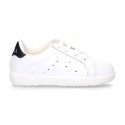 Washable Nappa leather OKAA kids tennis shoes with laces and toe cap.