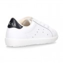 Washable Nappa leather OKAA kids tennis shoes with laces and toe cap.