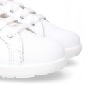 Washable Nappa leather OKAA kids tennis shoes with laces and toe cap.