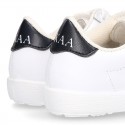 Washable Nappa leather OKAA kids tennis shoes with laces and toe cap.