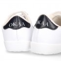 Washable Nappa leather OKAA kids tennis shoes with laces and toe cap.