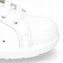 Washable Nappa leather OKAA kids tennis shoes with laces and toe cap.