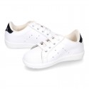 Washable Nappa leather OKAA kids tennis shoes with laces and toe cap.