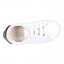 Washable Nappa leather OKAA kids tennis shoes with laces and toe cap.