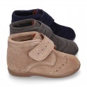 Classic kids suede leather little bootie Oxford style laceless and perforated design.