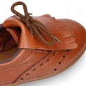 Laces up Oxford kids shoes with fringed tongue in TAN leather.