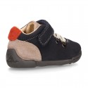 Suede leather Kids SPORT ankle boots with elastic laces and hook and loop strap closure.