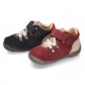 Suede leather Kids SPORT ankle boots with elastic laces and hook and loop strap closure.