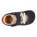 Suede leather Kids SPORT ankle boots with elastic laces and hook and loop strap closure.