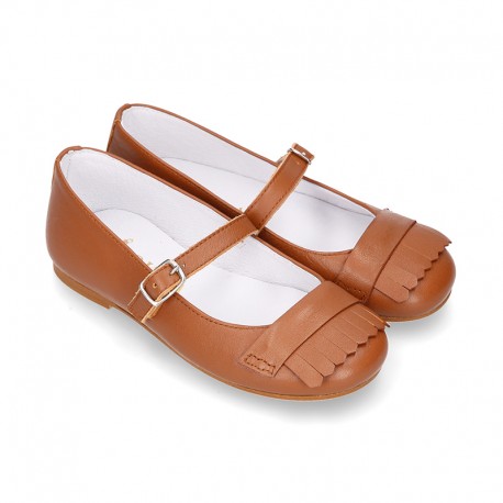 Girl Mary Jane shoes with FRINGED design in nappa leather in TAN color.