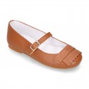 Girl Mary Jane shoes with FRINGED design in nappa leather in TAN color.
