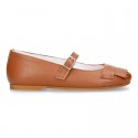 Girl Mary Jane shoes with FRINGED design in nappa leather in TAN color.