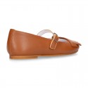 Girl Mary Jane shoes with FRINGED design in nappa leather in TAN color.