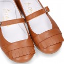 Girl Mary Jane shoes with FRINGED design in nappa leather in TAN color.