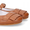 Girl Mary Jane shoes with FRINGED design in nappa leather in TAN color.