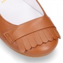 Girl Mary Jane shoes with FRINGED design in nappa leather in TAN color.