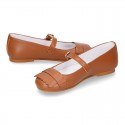 Girl Mary Jane shoes with FRINGED design in nappa leather in TAN color.