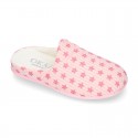 STARS print design corduroy home shoes with opened shape.